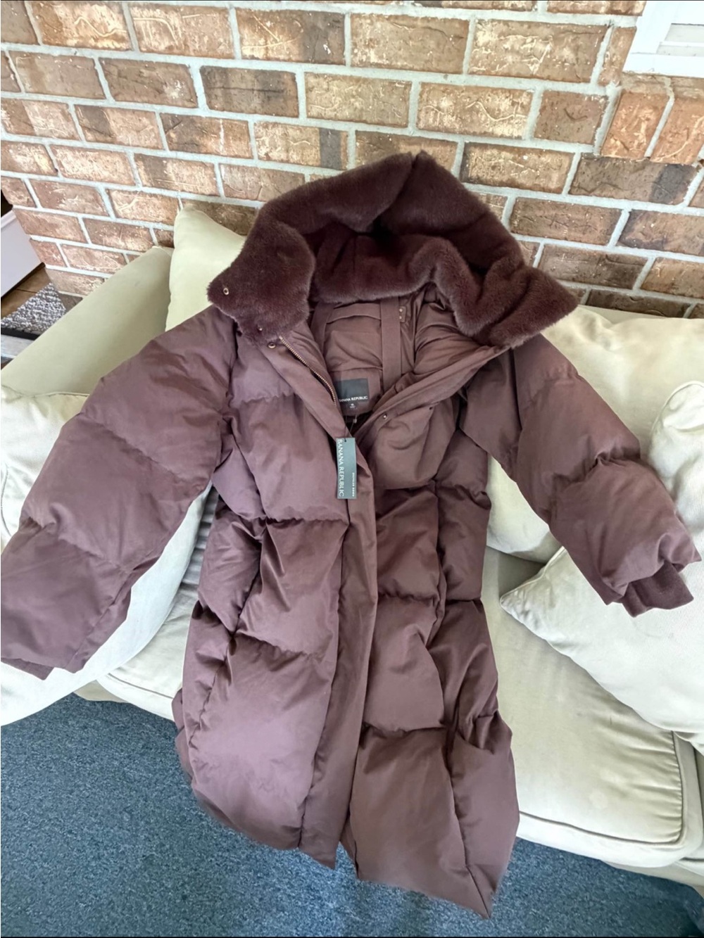 Banana Republic Chocolate Brown Long Puffer Coat with Faux Fur Trim